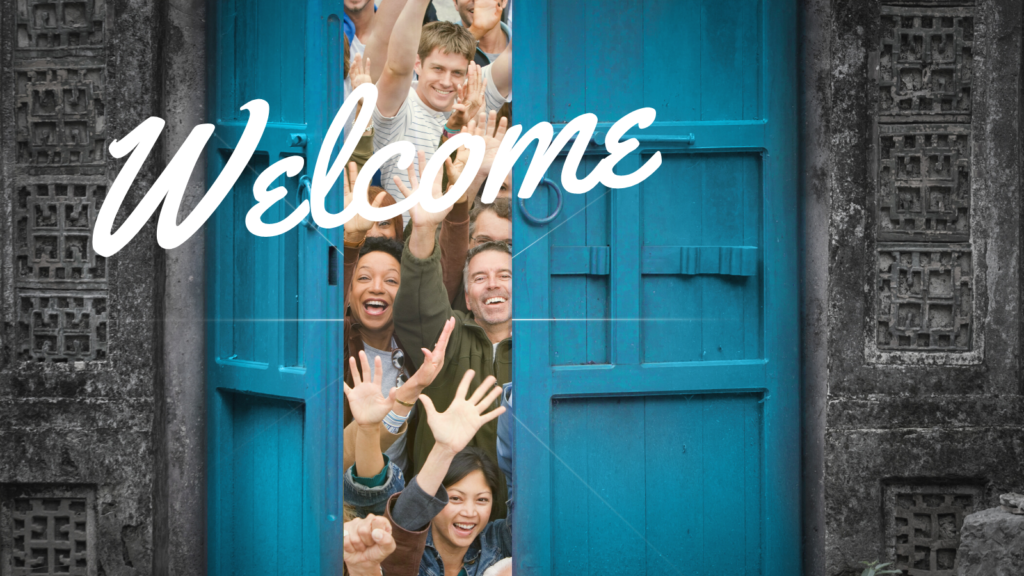 'Welcome' over image of members bursting through doors