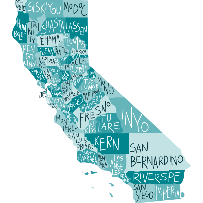 Map of california divided into counties with county names in hand-lettered font.