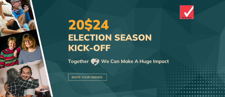 Images of friends connecting. Text: 20$24 Election Season Kick-off. Together we can make a huge impact. Invite your friends